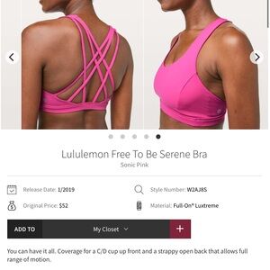 lululemon Free To Be Serene Bra - Sonic Pink; Size 6